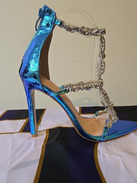 Shoes - Iridescent Blue Strappy High Heel Sandal with Crystal Accents